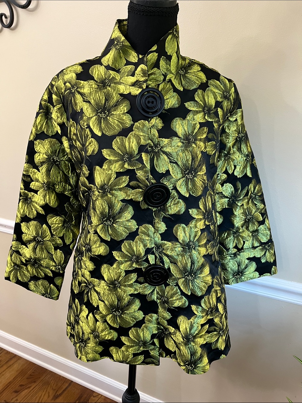 Women's Black Jacket with Lime Floral Jacquard